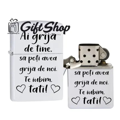 Ai grija de tine, bricheta metalica gravata laser cu mesaj